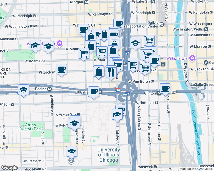 map of restaurants, bars, coffee shops, grocery stores, and more near 319 South Green Street in Chicago