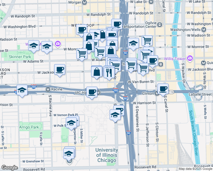 map of restaurants, bars, coffee shops, grocery stores, and more near 319 South Green Street in Chicago