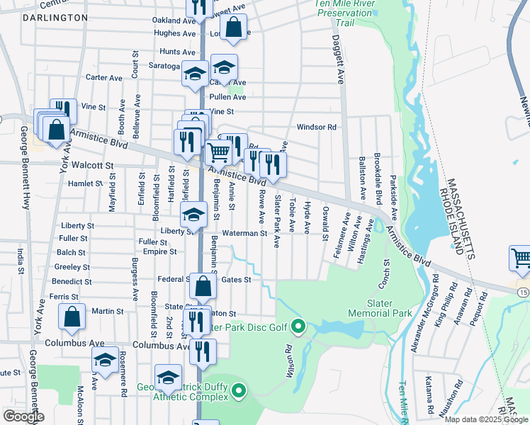 map of restaurants, bars, coffee shops, grocery stores, and more near 26 Rowe Avenue in Pawtucket