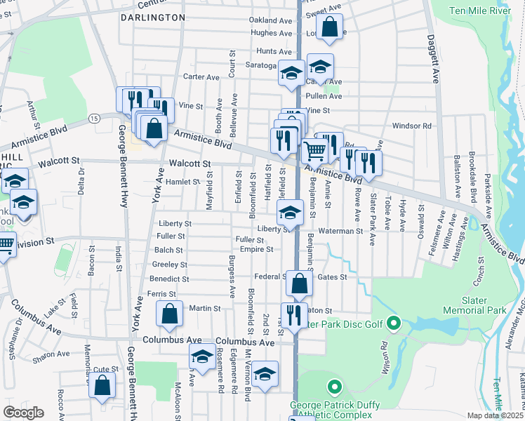 map of restaurants, bars, coffee shops, grocery stores, and more near 155 Hatfield Street in Pawtucket