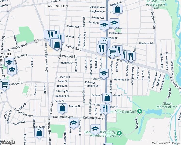 map of restaurants, bars, coffee shops, grocery stores, and more near 155 Hatfield Street in Pawtucket
