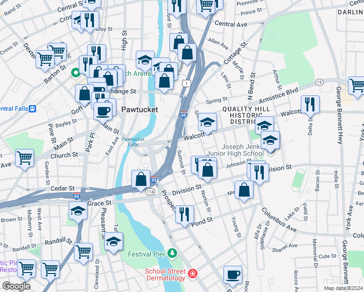 map of restaurants, bars, coffee shops, grocery stores, and more near 202 Walcott Street in Pawtucket