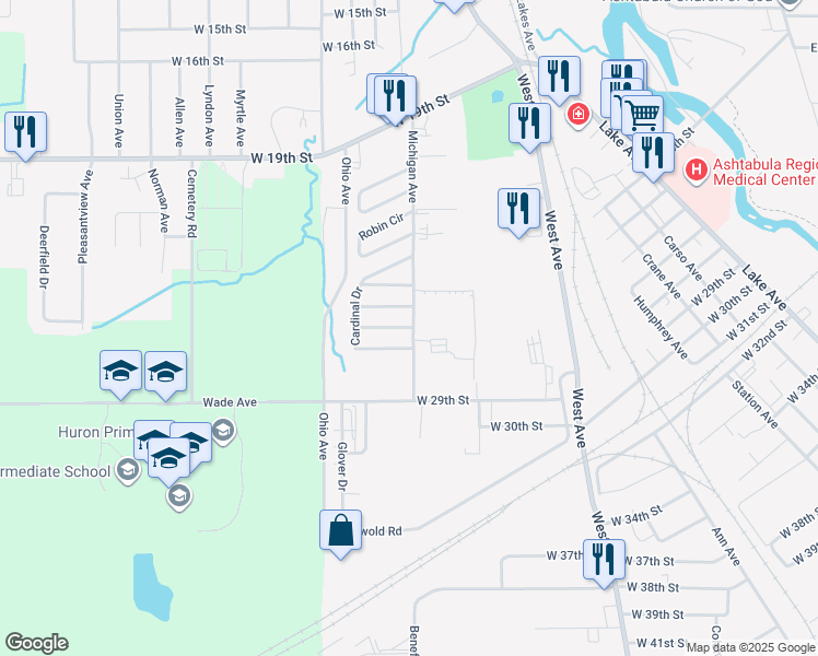 map of restaurants, bars, coffee shops, grocery stores, and more near 1903 Bob White Drive in Ashtabula