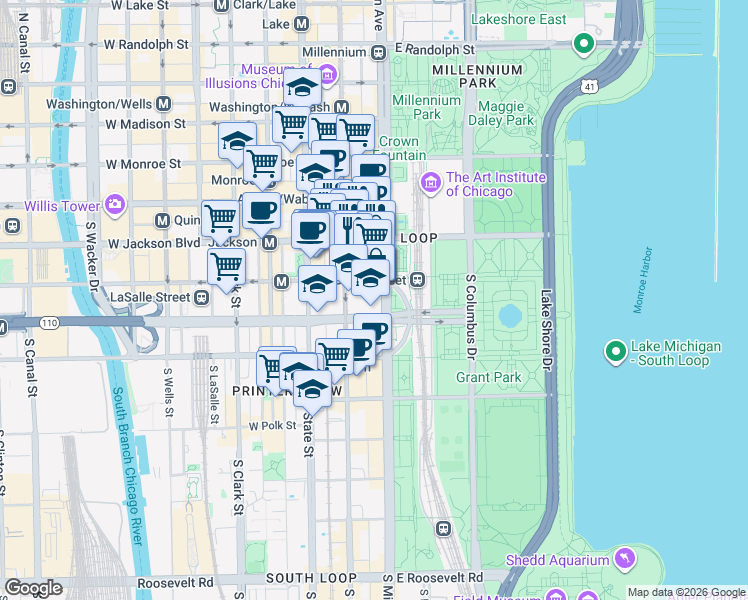 map of restaurants, bars, coffee shops, grocery stores, and more near 332 South Michigan Avenue in Chicago