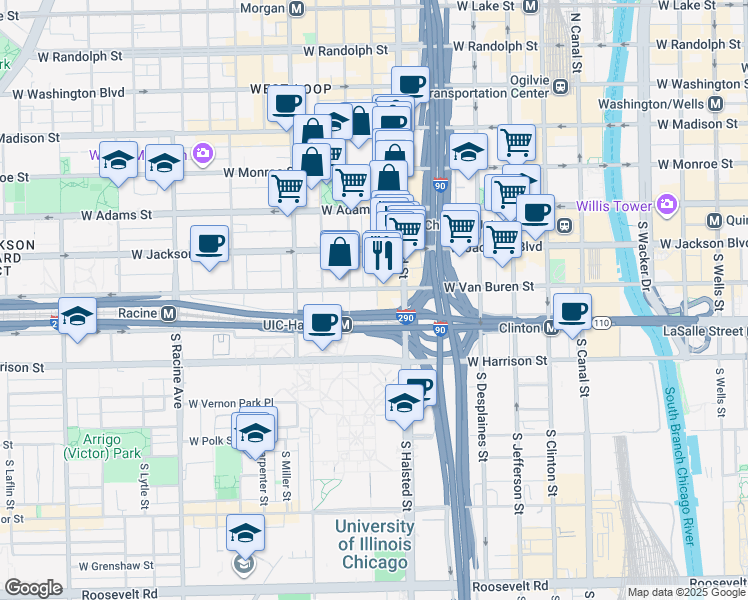 map of restaurants, bars, coffee shops, grocery stores, and more near 319 South Green Street in Chicago
