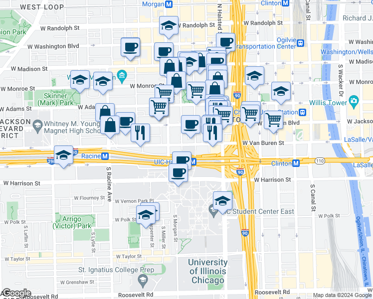 map of restaurants, bars, coffee shops, grocery stores, and more near 947 West Van Buren Street in Chicago