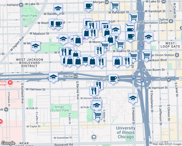map of restaurants, bars, coffee shops, grocery stores, and more near 325 South Aberdeen Street in Chicago