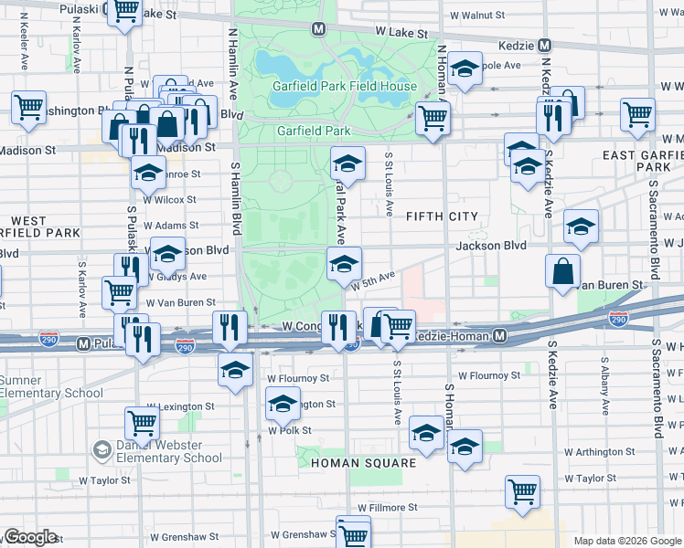 map of restaurants, bars, coffee shops, grocery stores, and more near 3553 West Jackson Boulevard in Chicago
