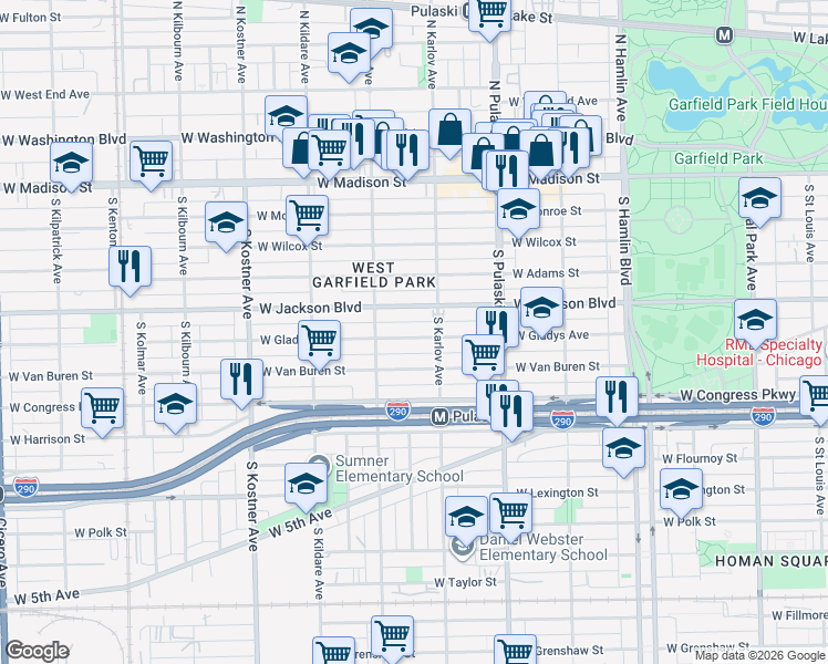 map of restaurants, bars, coffee shops, grocery stores, and more near 4124 Jackson Boulevard in Chicago