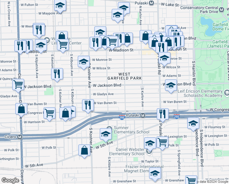 map of restaurants, bars, coffee shops, grocery stores, and more near 4241 West Jackson Boulevard in Chicago