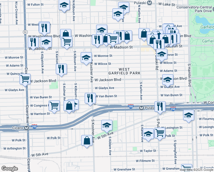 map of restaurants, bars, coffee shops, grocery stores, and more near 4311 West Jackson Boulevard in Chicago