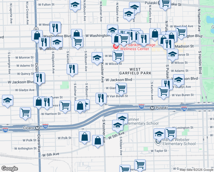 map of restaurants, bars, coffee shops, grocery stores, and more near 4354 Jackson Boulevard in Chicago
