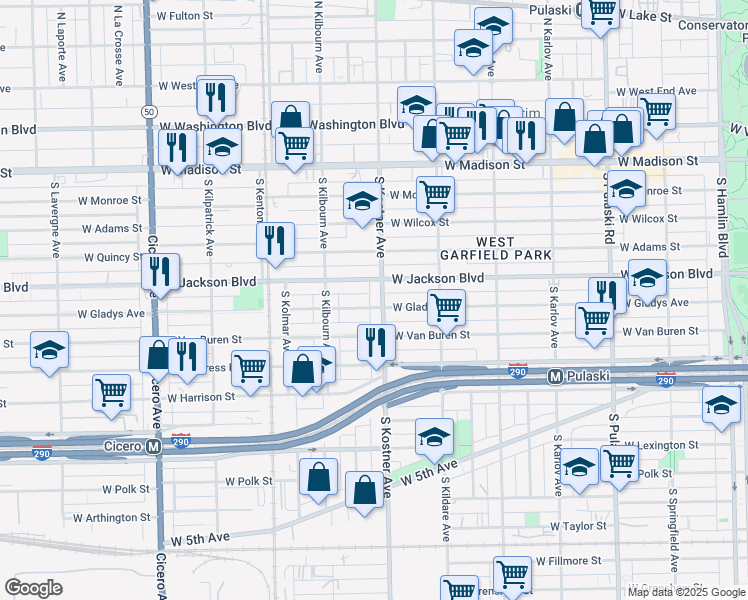 map of restaurants, bars, coffee shops, grocery stores, and more near 4354 Jackson Boulevard in Chicago