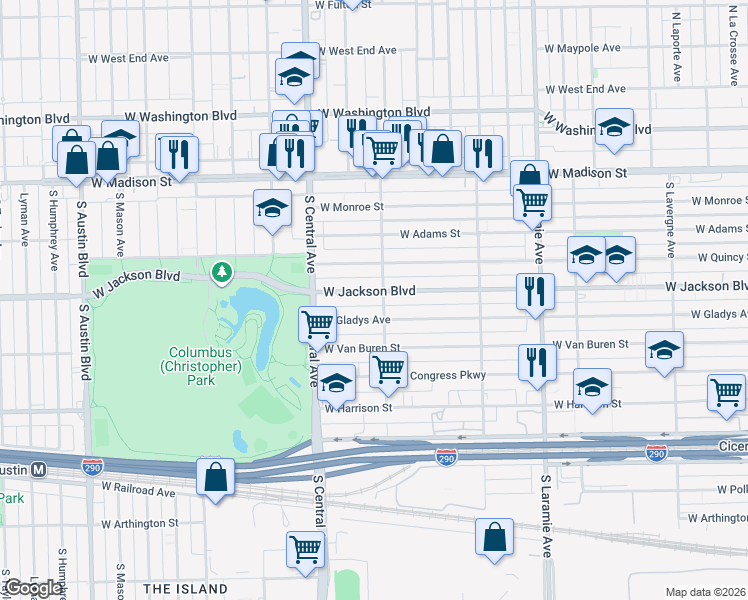 map of restaurants, bars, coffee shops, grocery stores, and more near 5508 West Jackson Boulevard in Chicago