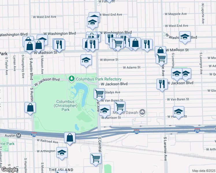 map of restaurants, bars, coffee shops, grocery stores, and more near 5542 West Jackson Boulevard in Chicago