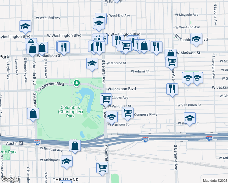 map of restaurants, bars, coffee shops, grocery stores, and more near 5542 West Jackson Boulevard in Chicago