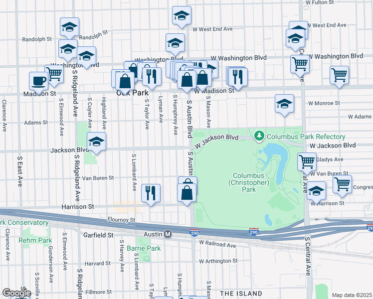 map of restaurants, bars, coffee shops, grocery stores, and more near 632 South Humphrey Avenue in Oak Park