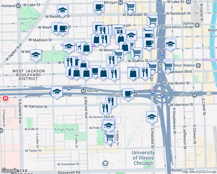 map of restaurants, bars, coffee shops, grocery stores, and more near 1035 West Van Buren Street in Chicago