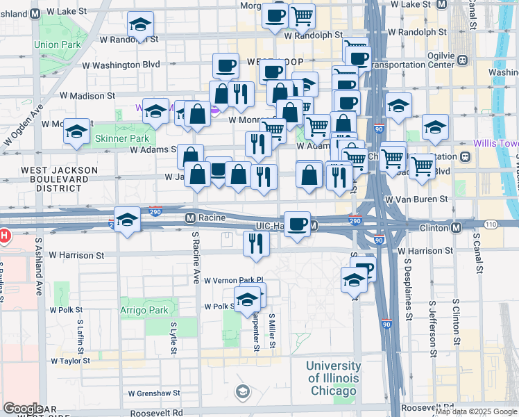map of restaurants, bars, coffee shops, grocery stores, and more near 1010 West Van Buren Street in Chicago