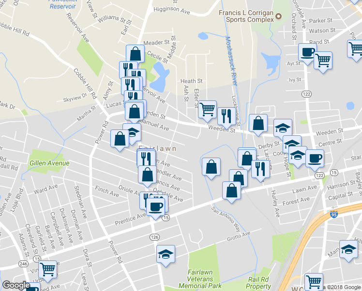map of restaurants, bars, coffee shops, grocery stores, and more near 24 Thomas Avenue in Pawtucket