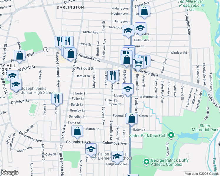 map of restaurants, bars, coffee shops, grocery stores, and more near 310 Evergreen Street in Pawtucket