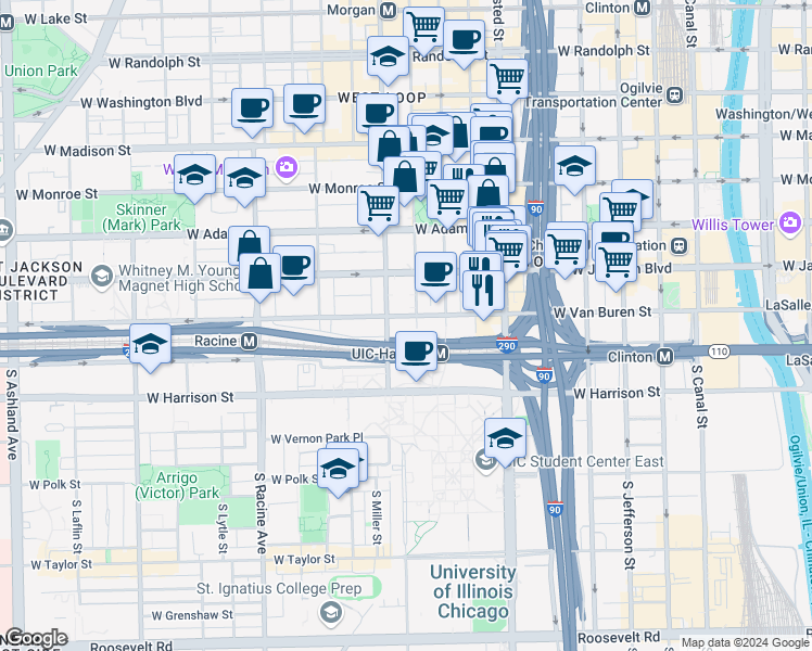 map of restaurants, bars, coffee shops, grocery stores, and more near 939 West Van Buren Street in Chicago