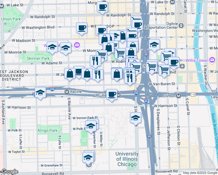 map of restaurants, bars, coffee shops, grocery stores, and more near 935 West Van Buren Street in Chicago