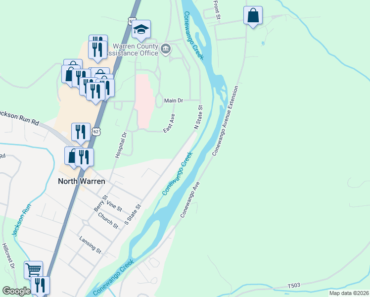map of restaurants, bars, coffee shops, grocery stores, and more near 66 North State Street in Warren