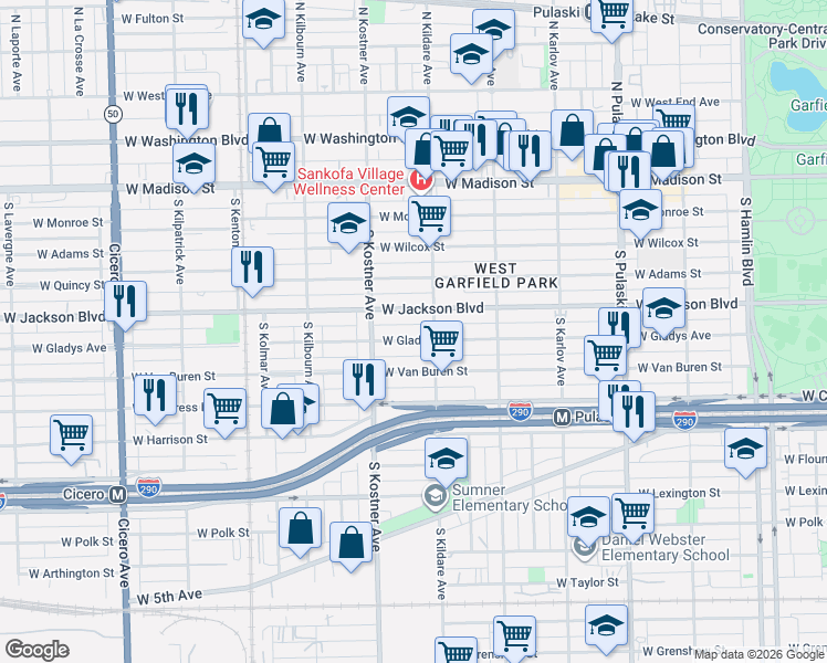 map of restaurants, bars, coffee shops, grocery stores, and more near 4311 West Jackson Boulevard in Chicago