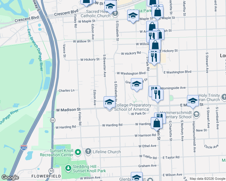 map of restaurants, bars, coffee shops, grocery stores, and more near 536 South Elizabeth Street in Lombard