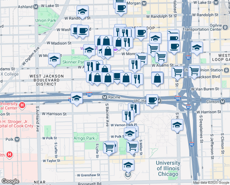 map of restaurants, bars, coffee shops, grocery stores, and more near 1101 West Jackson Boulevard in Chicago