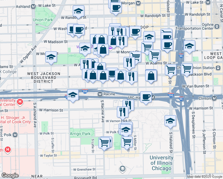 map of restaurants, bars, coffee shops, grocery stores, and more near 1101 West Jackson Boulevard in Chicago