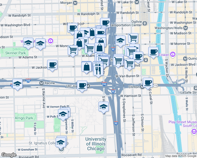 map of restaurants, bars, coffee shops, grocery stores, and more near 319 South Green Street in Chicago