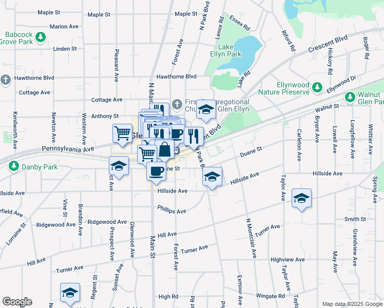 map of restaurants, bars, coffee shops, grocery stores, and more near 586 Crescent Boulevard in Glen Ellyn