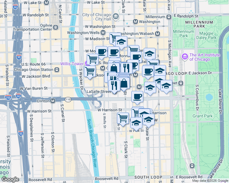 map of restaurants, bars, coffee shops, grocery stores, and more near 414 South LaSalle Street in Chicago