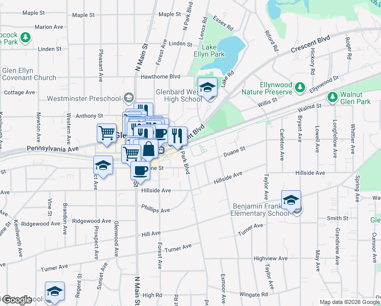 map of restaurants, bars, coffee shops, grocery stores, and more near 596 Crescent Boulevard in Glen Ellyn
