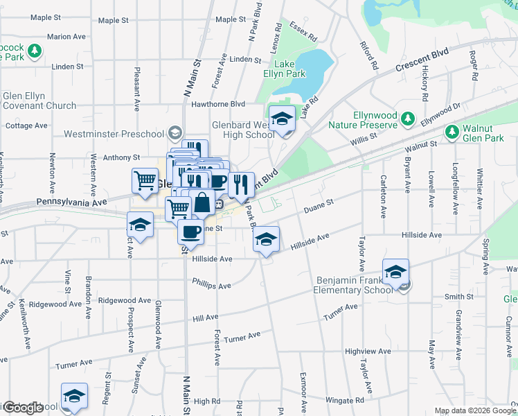 map of restaurants, bars, coffee shops, grocery stores, and more near 596 Crescent Boulevard in Glen Ellyn