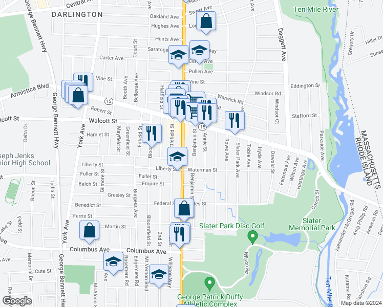 map of restaurants, bars, coffee shops, grocery stores, and more near 69 Benjamin Street in Pawtucket