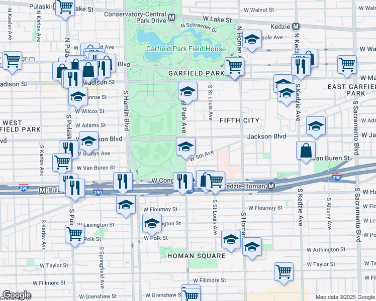 map of restaurants, bars, coffee shops, grocery stores, and more near 3553 West Jackson Boulevard in Chicago