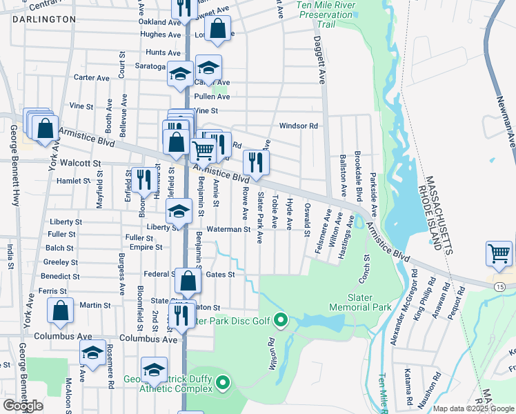map of restaurants, bars, coffee shops, grocery stores, and more near 26 Rowe Avenue in Pawtucket