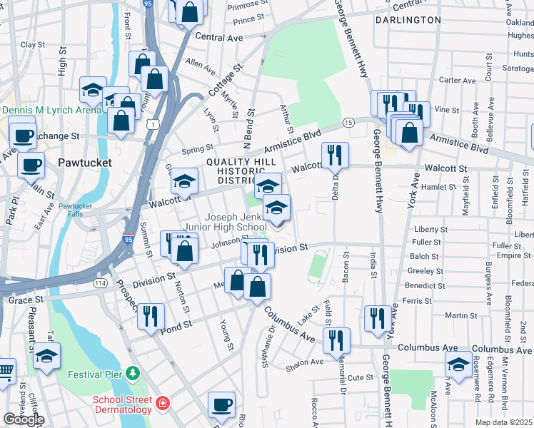 map of restaurants, bars, coffee shops, grocery stores, and more near 60 South Bend Street in Pawtucket