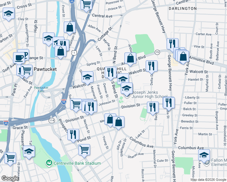 map of restaurants, bars, coffee shops, grocery stores, and more near 27 South Bend Street in Pawtucket