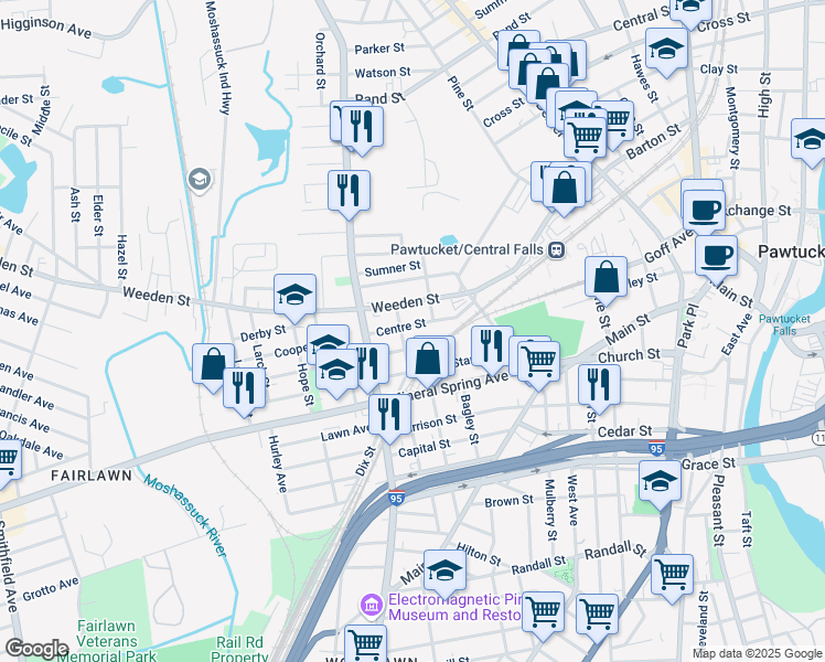 map of restaurants, bars, coffee shops, grocery stores, and more near 264 Weeden Street in Pawtucket