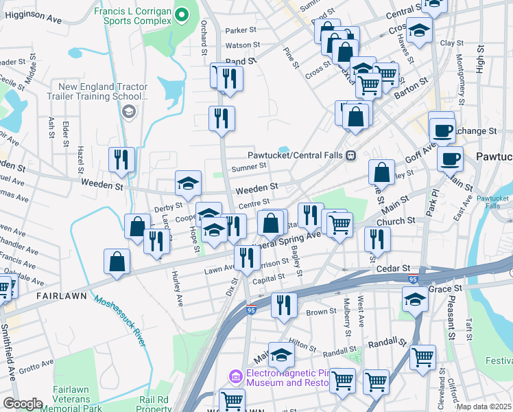 map of restaurants, bars, coffee shops, grocery stores, and more near 320 Weeden Street in Pawtucket