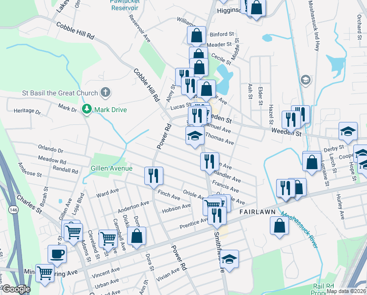 map of restaurants, bars, coffee shops, grocery stores, and more near 205 Morris Avenue in Pawtucket