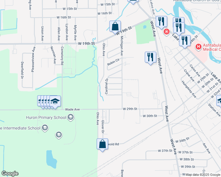 map of restaurants, bars, coffee shops, grocery stores, and more near 1923 Bob White Drive in Ashtabula