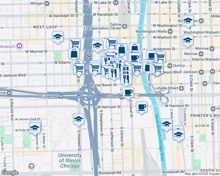 map of restaurants, bars, coffee shops, grocery stores, and more near 566 West Van Buren Street in Chicago