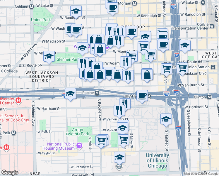 map of restaurants, bars, coffee shops, grocery stores, and more near 1101 West Jackson Boulevard in Chicago