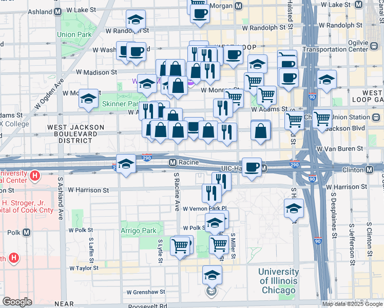 map of restaurants, bars, coffee shops, grocery stores, and more near 1101 West Jackson Boulevard in Chicago