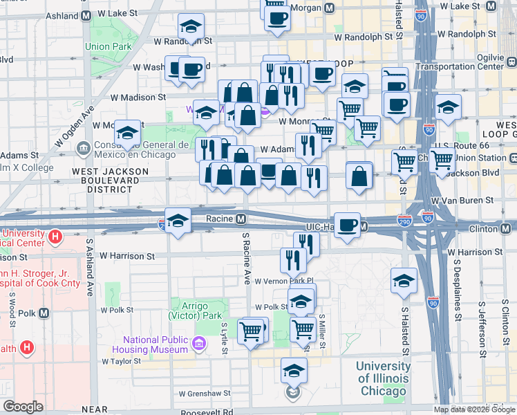 map of restaurants, bars, coffee shops, grocery stores, and more near 1101 West Jackson Boulevard in Chicago